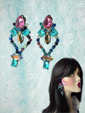 Vintage Blue & Pink Czech Crystal Earrings Princess Mermaidcore